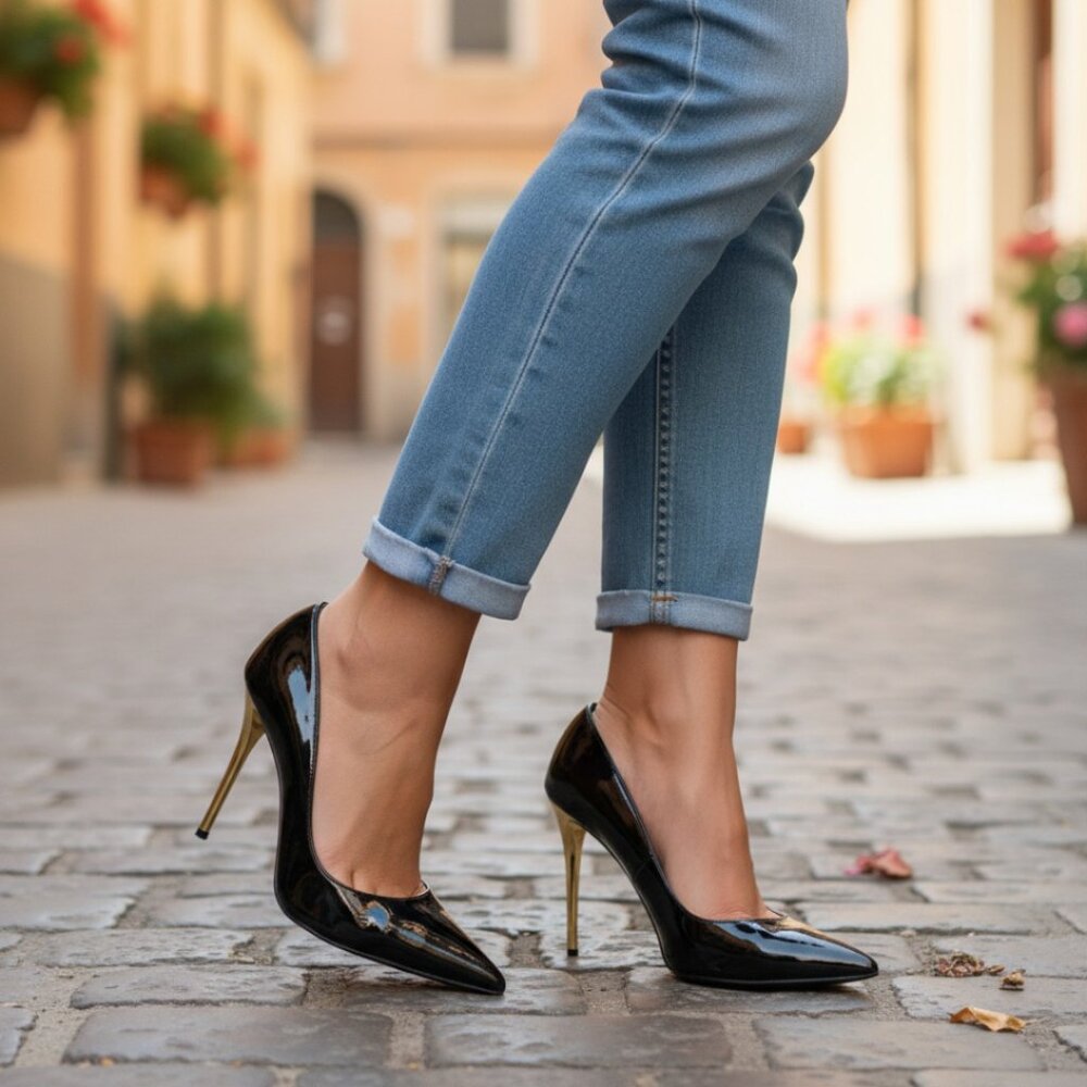Stuart Weitzman Black Patent Leather Pointed Toe Gold -Tone Stiletto Heels 8.5 M